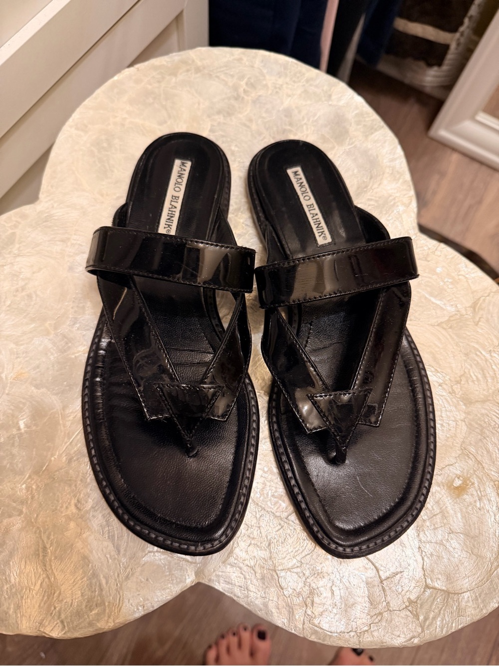 Manolo Blahnik Black Patent Leather V strap Sandals 37.5